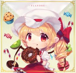 Rule 34 | 1girl, :3, bitten, blonde hair, border, candy, candy cane, character name, chibi, chocolate doughnut, crumbs, doughnut, english text, flandre scarlet, food, fruit, grapes, hat, holding, holding food, kiwi (fruit), kiwi slice, looking at viewer, macaron, mob cap, muffin, orchid (pixiv3730518), oversized food, oversized object, puffy short sleeves, puffy sleeves, red eyes, red skirt, short sleeves, skirt, smile, solo, sprinkles, touhou, wings