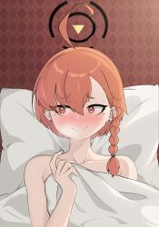 Rule 34 | 1girl, ahoge, ahoge wag, animated, animated gif, bed, bed sheet, blue archive, blush, closed mouth, earrings, expressive hair, hair between eyes, halo, highres, hrna, implied after sex, jewelry, mole, mole under eye, neru (blue archive), on bed, orange hair, pillow, red eyes, smile, solo