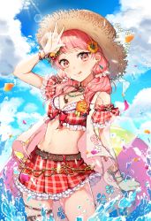 Rule 34 | 10s, 1girl, arm up, ball, bang dream!, bari dal, beachball, bead bracelet, beads, belt, blue sky, blush, bracelet, breasts, brown hat, cleavage, cloud, day, flower, flower ornament, food, fruit, hair flower, hair ornament, hat, heart, highres, jewelry, licking lips, long hair, maruyama aya, medium breasts, midriff, navel, necklace, outdoors, pink eyes, pink hair, plaid, plaid skirt, skirt, sky, solo, standing, straw hat, sun hat, thigh strap, tongue, tongue out, wading, wet
