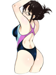 Rule 34 | 1girl, akizuki ritsuko, antenna hair, armpits, arms up, ass, back, back cutout, bare arms, bare shoulders, black-framed eyewear, blunt bangs, blush, breasts, brown eyes, brown hair, closed mouth, clothing cutout, competition swimsuit, cowboy shot, cropped legs, curvy, folded ponytail, glasses, highres, hip focus, humiyou, idolmaster, idolmaster (classic), medium breasts, multicolored clothes, multicolored swimsuit, one-piece swimsuit, short hair, sidelocks, simple background, smile, solo, standing, swimsuit, thighs, white background