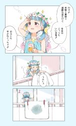 Rule 34 | 1girl, 3koma, :d, arm up, bare arms, bare shoulders, bedwetting, blue dress, blue hair, closed eyes, comic, commentary request, crescent, crescent hair ornament, dress, eighth note, flower, flower wreath, futon, gomennasai, hair ornament, hair over shoulder, head wreath, highres, long sleeves, low twintails, musical note, open mouth, original, pink flower, red eyes, sleeveless, sleeveless dress, smile, sparkle, translation request, twintails, white flower