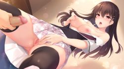 Rule 34 | 1girl, bare shoulders, blush, boku no mirai wa koi to kakin to, breasts, breasts out, brown hair, censored, embarrassed, female masturbation, fingering, from below, game cg, grabbing own breast, groin, highres, indoors, legs, long hair, masturbation, medium breasts, mosaic censoring, nipples, nironiro, no panties, off shoulder, open clothes, open mouth, original, out of frame, penis, pussy, pussy juice, red eyes, school uniform, skirt, standing, sweat, thighhighs, thighs, unbuttoned, unbuttoned shirt, wataya azusa, wet