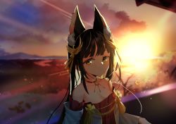 Rule 34 | 1girl, absurdres, animal ear fluff, azur lane, bare shoulders, black hair, breasts, cleavage, cloud, detached sleeves, dress, hair ornament, highres, looking at viewer, nagato (azur lane), red dress, sakuraame (uen), small breasts, solo, strapless, strapless dress, sunset, upper body, yellow eyes