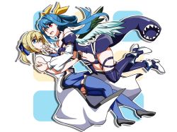 Rule 34 | 2girls, arc system works, asymmetrical wings, bare shoulders, black legwear, blonde hair, blouse, blue eyes, blue hair, blue legwear, blush, boots, bow, breasts, choker, cleavage, couple, detached sleeves, dizzy (guilty gear), garter belt, garter straps, gender request, genderswap, genderswap (mtf), gloves, guilty gear, hair bow, holding hands, ky kiske, kyko, large breasts, long hair, m.u.g.e.n, multiple girls, navel, open clothes, open mouth, open shirt, ponytail, red eyes, ribbon, ryuuri (aoithigo), shirt, shoes, skirt, smile, tail, tail ornament, tail ribbon, thigh strap, thighhighs, transparent background, twintails, wife and wife, wings, yuri, zettai ryouiki