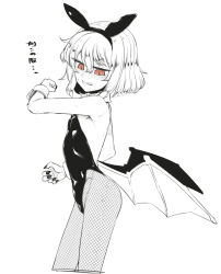 Rule 34 | 1girl, animal ears, arm up, armpit peek, backless leotard, bare arms, bare shoulders, bat wings, blush, bunny day, clenched hand, clenched teeth, contrapposto, cowboy shot, detached collar, embarrassed, fake animal ears, fang, fingernails, fishnet pantyhose, fishnets, flat chest, from side, full-face blush, greyscale, groin, hair between eyes, hairband, half-closed eyes, highleg, highleg leotard, leotard, looking down, looking to the side, low wings, monochrome, nail polish, pantyhose, parted lips, playboy bunny, rabbit ears, red eyes, remilia scarlet, shamo (koumakantv), sharp fingernails, short hair, simple background, sleeveless, slit pupils, solo, spot color, standing, strapless, strapless leotard, sweat, teeth, touhou, translation request, v-shaped eyebrows, white background, wings, wrist cuffs