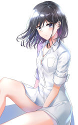 Rule 34 | 1girl, absurdres, adagaki aki, between legs, black hair, blue eyes, blush, breasts, button gap, cleavage, closed mouth, collarbone, collared shirt, commentary, expressionless, highres, knee up, long sleeves, looking at viewer, masamune-kun no revenge, no pants, shirt, short hair, simple background, sitting, sleeves rolled up, small breasts, solo, sunhyun, thighs, white background, white shirt