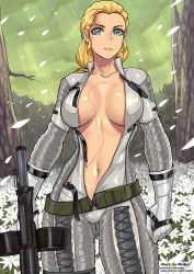 Rule 34 | 1girl, blonde hair, blue eyes, bodysuit, breasts, collarbone, holding, holding weapon, large breasts, looking at viewer, mature female, metal gear (series), metal gear solid 3: snake eater, navel, open clothes, redjet, scar, solo, the boss, weapon