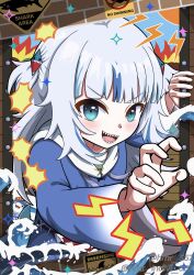 Rule 34 | 1girl, :d, absurdres, animal costume, animal hood, bloop (gawr gura), blue eyes, blue hair, blue hoodie, blunt bangs, blush, claw pose, drawstring, gawr gura, grey hair, hair ornament, hands up, highres, hololive, hololive english, hood, hoodie, hrhr gin 357, lightning bolt symbol, looking at viewer, medium hair, multicolored hair, open mouth, outstretched arm, shark, shark costume, shark girl, shark hair ornament, shark hood, sharp teeth, sidelocks, smile, sparkle, streaked hair, teeth, two-tone hair, two side up, upper body, v-shaped eyebrows, virtual youtuber, water, waves