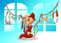 Rule 34 | 1girl, :t, alternate wings, ao usagi, barefoot, blonde hair, bloomers, blush, bra, checkered clothes, checkered legwear, clothes pin, embodiment of scarlet devil, feet, female focus, flandre scarlet, hat, laundry, lingerie, looking at viewer, looking back, panties, patterned legwear, pout, raglan sleeves, red eyes, shirt, short hair, side ponytail, sitting, socks, soles, solo, striped clothes, striped panties, striped socks, t-shirt, toes, touhou, underwear, wariza, weapon, wings