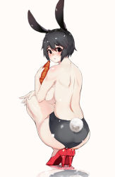 Rule 34 | 1girl, animal ears, ass, black hair, blush, breasts, brown eyes, carrot, fake animal ears, fake tail, female focus, from behind, full body, ganida boushoku, hairband, high heels, large breasts, leotard, looking at viewer, looking back, original, parted lips, playboy bunny, rabbit ears, rabbit tail, red footwear, reflection, shoes, short hair, short shorts, shorts, simple background, solo, tail, topless, white background