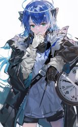 Rule 34 | 1girl, alchemaniac, arknights, asymmetrical gloves, blue eyes, blue hair, clock, elbow rest, fur-trimmed jacket, fur trim, gloves, halo, highres, horns, jacket, long hair, mismatched gloves, mostima (arknights), shorts, smile, solo, wand, white background