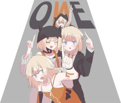 Rule 34 | 4girls, black jacket, blue eyes, blunt bangs, cevio, character name, closed eyes, commentary, hair flaps, hand up, highres, index finger raised, jacket, looking at viewer, multiple girls, multiple persona, oboroge faint, one (cevio), open mouth, orange shirt, platinum blonde hair, ribbed sweater, shirt, short hair, smile, sweater, white shirt