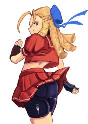 1girl ass bike_shorts blonde_hair brown_eyes capcom clenched_hand clothes_lift drill_hair fingerless_gloves gloves hair_ribbon highres kanzuki_karin legs long_hair looking_at_viewer looking_back midriff ribbon school_uniform skirt skirt_lift smile solo street_fighter thighs walking