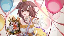 Rule 34 | 1girl, absurdres, animal ears, balloon, bare shoulders, breasts, brown hair, cine (wazd0183), cleavage, dog ears, dress, gloves, highres, hololive, inugami korone, large breasts, looking at viewer, open mouth, solo, virtual youtuber, white gloves