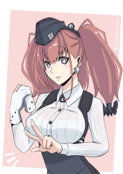 Rule 34 | 1girl, anchor hair ornament, atlanta (kancolle), black hat, bra visible through clothes, breasts, brown hair, commentary request, dress shirt, earrings, garrison cap, gloves, grey eyes, hair ornament, hat, highres, jewelry, kanade (kanadeya), kantai collection, large breasts, long hair, long sleeves, partially fingerless gloves, shirt, simple background, single glove, solo, star (symbol), star earrings, suspenders, two side up, upper body, v, white background, white gloves, white shirt