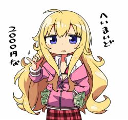 Rule 34 | 10s, 1girl, ahoge, blonde hair, blush, bra, collared shirt, commentary request, cowboy shot, flat chest, gabriel dropout, gabriel tenma white, hand in pocket, jacket, kanikama, long hair, long sleeves, looking at viewer, lowres, messy hair, money, open mouth, partially unbuttoned, pink jacket, plaid, plaid skirt, pocket, prostitution, purple eyes, red bra, red skirt, shirt, sidelocks, simple background, skirt, solo, translation request, underwear, white background, white shirt, wing collar