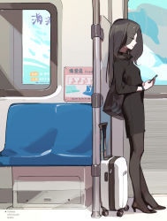 Rule 34 | 1girl, bag, black footwear, black hair, black skirt, black sleeves, cellphone, closed mouth, commentary, dolphin, earrings, closed eyes, eyes visible through hair, full body, high heels, highres, holding, indoors, jewelry, leaning back, long hair, office lady, original, pantyhose, phone, shadow, skirt, solo, standing, stopwatch, suitcase, taiwan, tennohi, train interior, watch