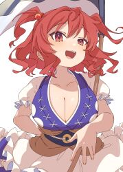 Rule 34 | 1girl, absurdres, black sash, blue dress, blush, breasts, brown sash, cleavage, coin, coin on string, collarbone, dress, e sdss, fingernails, frilled sleeves, frills, hair between eyes, hair bobbles, hair ornament, highres, large breasts, medium hair, onozuka komachi, open mouth, red eyes, red hair, sash, scythe, short sleeves, simple background, smile, solo, touhou, two side up, white background
