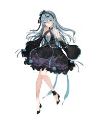 Rule 34 | 1girl, absurdres, black dress, black footwear, blue flower, blue hair, blue rose, blush, breasts, cleavage, commentary, detached sleeves, dress, eyebrows hidden by hair, flower, hair flower, hair ornament, hairband, head tilt, high heels, highres, lolita hairband, nijisanji, nijisanji kr, official art, rose, ryu hari, second-party source, sleeves past fingers, sleeves past wrists, smile, solo, symbol-only commentary, virtual youtuber, white background, xretakex, yellow eyes