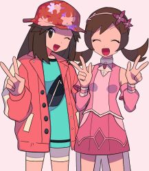 Rule 34 | 2girls, :d, ;d, alternate color, bike shorts, brown hair, closed eyes, coat, commentary request, cowboy shot, creatures (company), detached sleeves, double w, eyelashes, game freak, green shirt, hairband, hands up, happy, hat, highres, leaf (pokemon), leaf (sygna suit) (pokemon), long hair, looking at viewer, lyra (pokemon), lyra (sygna suit) (pokemon), multiple girls, nintendo, official alternate costume, one eye closed, open clothes, open coat, open mouth, pink coat, pink shirt, pink skirt, pokemon, pokemon masters ex, red headwear, shirt, skirt, sleeveless, sleeveless shirt, smile, standing, tongue, twintails, tyako 089, w