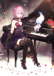 Rule 34 | 1girl, black gloves, black thighhighs, blush, bouquet, breasts, choker, cleavage, closed mouth, criss-cross halter, dress, fate/grand order, fate (series), floral print, flower, fou (fate), full body, gloves, grand piano, hair over one eye, halterneck, hat, high heels, highres, instrument, large breasts, looking at viewer, mash kyrielight, namie-kun, petals, piano, piano bench, pink hair, purple dress, purple eyes, rose, rose petals, shoe dangle, short hair, sitting, smile, solo, thighhighs, zettai ryouiki