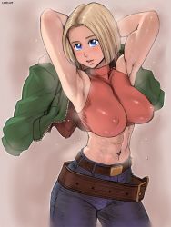 Rule 34 | 1girl, abs, armpits, belt, belt skirt, blonde hair, blue eyes, blue mary, breasts, covered erect nipples, denim, fatal fury, jacket, jeans, large breasts, muscular, pants, smell, snk, solo, sweat, the king of fighters, unworn jacket, zenkou