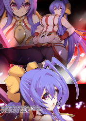 Rule 34 | 1girl, antenna hair, backless outfit, bare shoulders, black pants, blazblue, blazblue: central fiction, blazblue variable heart, blue hair, blush, bow, breasts, crossed bangs, fingerless gloves, fourth wall, fukui sora, gloves, hair bow, halterneck, large breasts, long hair, looking at viewer, lowleg, mai natsume, multiple views, open mouth, outseal, pants, ponytail, purple eyes, red gloves, sideboob, smile, very long hair, yellow bow