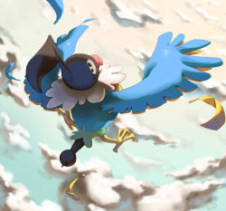 Rule 34 | animal focus, bird, black eyes, chatot, cloud, cloudy sky, commentary, creature, creatures (company), day, english commentary, feathers, flying, from above, full body, game freak, gen 4 pokemon, looking at viewer, looking back, nintendo, no humans, pinkgermy, pokemon, pokemon (creature), sky, solo