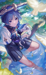 Rule 34 | 1boy, absurdres, armor, barefoot, bird, black shorts, blue eyes, blue hair, blue vest, blunt ends, blurry, closed mouth, commentary, depth of field, eyeliner, eyeshadow, feathers, full body, genshin impact, grass, hat, highres, holding, holding feather, in water, japanese armor, jingasa, kote, kurokote, looking at viewer, makeup, male focus, mandarin collar, mmmymor, outdoors, red eyeliner, red eyeshadow, scaramouche (genshin impact), short hair, short sleeves, shorts, sitting, smile, solo, tassel, two-tone vest, vest, wanderer (genshin impact), water, white vest