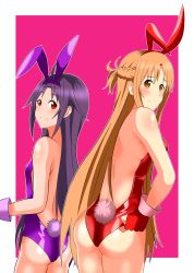 Rule 34 | 2girls, ahoge, animal ears, artist request, ass, asuna (sao), bare shoulders, blush, breasts, brown eyes, brown hair, cowboy shot, embarrassed, fake animal ears, female focus, fingerless gloves, from behind, gloves, highres, large breasts, leotard, light brown hair, light smile, long hair, looking at viewer, looking back, matching hair/eyes, multiple girls, outside border, playboy bunny, purple hair, rabbit ears, rabbit tail, red eyes, shiny clothes, shiny skin, sideboob, smile, standing, sword art online, tail, thighhighs, very long hair, yuuki (sao)