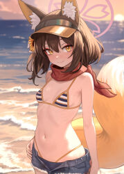 1girl animal_ear_fluff animal_ears bikini bikini_under_clothes bikini_under_shorts blue_archive blush breasts brown_hair cloud commentary_request cowboy_shot denim denim_shorts evening flower fox_ears fox_girl fox_tail hair_between_eyes hair_flower hair_ornament halo hat highleg highleg_bikini highres izuna_(blue_archive) izuna_(swimsuit)_(blue_archive) looking_at_viewer makeup navel nito_(nshtntr) ocean official_alternate_costume orange_eyes outdoors red_scarf scarf short_shorts shorts sky small_breasts solo stomach striped_bikini striped_clothes swimsuit tail visor_cap water yellow_flower