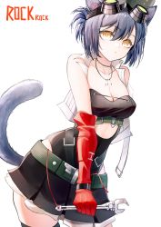 Rule 34 | 1girl, absurdres, animal ears, arknights, bandeau, bare shoulders, belt, black skirt, blue hair, breasts, cat ears, cat tail, character name, chinese commentary, cleavage, commentary request, cowboy shot, elbow gloves, gloves, goggles, goggles on head, green belt, hair between eyes, highres, holding, holding wrench, jewelry, lewenxijian, looking at viewer, medium breasts, miniskirt, necklace, pleated skirt, red gloves, rockrock (arknights), short hair, simple background, skirt, solo, standing, tail, vest, white background, white vest, wrench, yellow eyes