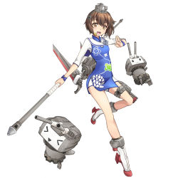 Rule 34 | 1girl, alternate costume, anchor, brown eyes, brown hair, china dress, chinese clothes, dress, floral print, full body, headgear, headset, highres, holding, holding staff, kantai collection, minosu, open mouth, rudder footwear, short hair, simple background, speaking tube headset, staff, thigh strap, turret, white background, yukikaze (kancolle)