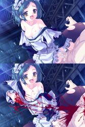 Rule 34 | 1boy, 1girl, :d, amami mikihiro, apron, aqua hair, black dress, black pantyhose, blood, blood on face, bow, braid, breasts, censored, collarbone, cowgirl position, cum, cum in pussy, dress, drooling, ero guro, fang, fangs, game cg, girl on top, gradient eyes, guro, hair bow, hair ornament, hairclip, hetero, highres, kizuato, maid, maid apron, maid headdress, medium breasts, medium hair, mosaic censoring, multicolored eyes, nipples, non-web source, official art, open mouth, pantyhose, purple eyes, scary sex, sex, single braid, slit pupils, small nipples, smile, straddling, sweat, takasago rikka, torn clothes, torn pantyhose, white apron, white dress, yellow eyes