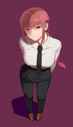 Rule 34 | 1girl, arms behind back, black necktie, black pants, bra visible through clothes, braid, braided ponytail, brown footwear, chainsaw man, closed mouth, commentary, dress shirt, formal, full body, half-closed eyes, head tilt, highres, kamille (vcx68), leaning forward, long hair, long sleeves, looking at viewer, makima (chainsaw man), necktie, office lady, orange eyes, pants, purple background, red hair, ringed eyes, shadow, shirt, shoes, sidelocks, simple background, single braid, smile, solo, standing, white shirt, wing collar