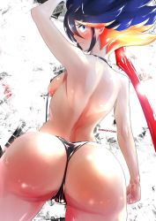 Rule 34 | 1girl, abstract background, artist name, ass, back, backboob, black panties, blue eyes, blue hair, blush, breasts, from behind, highres, huge ass, kill la kill, looking at viewer, looking back, matoi ryuuko, multicolored hair, panties, red hair, shiny skin, short hair, sideboob, slingshot swimsuit, solo, swimsuit, thighhighs, uenoryoma, underwear