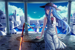 Rule 34 | 1girl, adapted costume, bare shoulders, blue hair, bow, commentary request, dress, food, fruit, hat, highres, hinanawi tenshi, long hair, peach, red bow, red eyes, red neckwear, sitting, sleeveless, sleeveless dress, solo, sword, sword of hisou, table, torottye, touhou, weapon, white dress