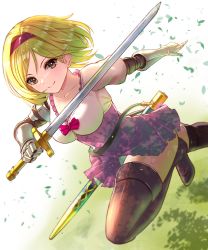 Rule 34 | 1girl, blonde hair, boots, breasts, brown eyes, brown footwear, cleavage, closed mouth, collarbone, commentary request, commission, djeeta (granblue fantasy), dress, dutch angle, falling leaves, from above, gauntlets, granblue fantasy, hairband, highres, holding, holding sword, holding weapon, inari (ambercrown), leaf, leg up, looking at viewer, outstretched arm, parted bangs, pink dress, pink hairband, running, scabbard, sheath, short dress, short hair, short sleeves, smile, solo, sword, thigh boots, thighhighs, tree shade, unsheathed, weapon