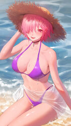 Rule 34 | 1girl, absurdres, bikini, breasts, choker, collarbone, fate/grand order, fate (series), hair over one eye, hat, highres, large breasts, mash kyrielight, navel, open mouth, pink eyes, pink hair, purple bikini, rororo, sarong, see-through, see-through sarong, short hair, sitting, solo, stomach, straw hat, swimsuit, thighs, wakamezake, water, wet, white sarong