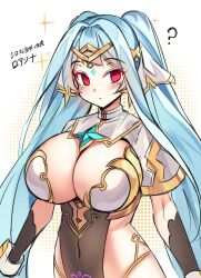 Rule 34 | 1girl, ?, blue hair, blush, breasts, character request, cleavage cutout, clothing cutout, copyright request, ddg160, earrings, feet out of frame, gold, huge breasts, jewelry, light blue hair, long hair, red eyes, serious, translation request, twintails, white background