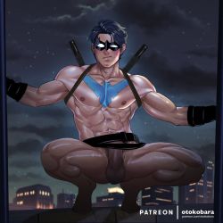 Rule 34 | 1boy, abs, artist name, bara, batman (series), belt, black belt, black bodysuit, black gloves, black hair, blue bodysuit, blush, bodysuit, bulge, closed mouth, dc comics, dick grayson, domino mask, erection, gloves, highres, large pectorals, looking at viewer, male focus, male pubic hair, mask, muscular, muscular male, navel, night, night sky, nightwing, nipples, nude, otokobara, outdoors, paid reward available, patreon username, pectorals, penis, pubic hair, short hair, sky, solo, squatting, thick thighs, thighs, weapon, weapon on back