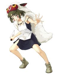 Rule 34 | 1girl, absurdres, bare arms, breasts, brown eyes, brown footwear, brown hair, collarbone, commentary request, earrings, facepaint, facial mark, fur, green hair, headband, highres, holding, holding weapon, jewelry, looking at viewer, mask, mononoke hime, necklace, saemoy, san (mononoke hime), shoes, short hair, simple background, solo, tooth necklace, weapon, white background