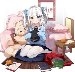 Rule 34 | 1girl, aged down, ark order, artist request, backpack, bag, bed, bed sheet, bedroom, black bow, black bowtie, blue eyes, blue skirt, blue sweater, book, bow, bowtie, braid, closed mouth, cushion, faux figurine, food, food-themed hair ornament, fruit, full body, gift, hair ornament, hat, heterochromia, holding, holding clothes, holding hat, kagura gumi, kagura mea, kamaboko, long hair, long sleeves, looking at viewer, mandarin orange, narutomaki, notepad, official art, pen, pillow, pleated skirt, randoseru, red bag, side braid, sitting, skirt, smile, solo, stuffed animal, stuffed toy, sweater, table, teddy bear, thighhighs, transparent background, two side up, unworn hat, unworn headwear, virtual youtuber, wariza, white hair, white thighhighs, wooden floor, yellow eyes, zabuton