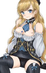 Rule 34 | 1girl, black panties, black thighhighs, blonde hair, blue eyes, blush, breasts, cleavage, dress, gatsby ssl, highres, idolmaster, idolmaster cinderella girls, idolmaster cinderella girls starlight stage, invisible chair, large breasts, light smile, long hair, looking at viewer, off-shoulder dress, off shoulder, ohtsuki yui, panties, pantyshot, simple background, sitting, solo, spread legs, thighhighs, underwear, very long hair, white background