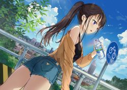 Rule 34 | 1girl, :o, ass, bare shoulders, black shirt, blue sky, bottle, brown hair, brown shirt, building, camisole, city, cityscape, cloud, commentary request, cutoffs, day, denim, denim shorts, dutch angle, earrings, flat ass, holding, holding bottle, jewelry, long hair, long sleeves, looking away, off shoulder, open clothes, open mouth, open shirt, original, outdoors, ponytail, purple eyes, railing, rainbow, saya (mychristian2), shirt, short shorts, shorts, sidelocks, sign, sky, skyscraper, sleeveless, sleeveless shirt, solo, standing, summer, sweat, thighs, tree, undershirt, water bottle
