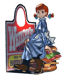 Rule 34 | 1girl, apron, blue eyes, boots, dress, food, freckles, burger, mascot, product placement, red hair, sarmat, sign, sitting, smile, solo, twintails, wendy&#039;s, wendy (wendy&#039;s)