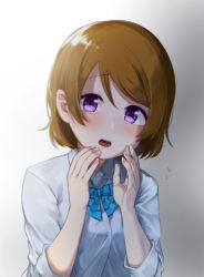 Rule 34 | 1girl, blue bow, blue bowtie, bow, bowtie, brown hair, dress shirt, grey background, highres, koizumi hanayo, looking at viewer, love live!, love live! school idol project, open mouth, purple eyes, shirt, short hair, solo, upper body, white shirt, yuama (drop)