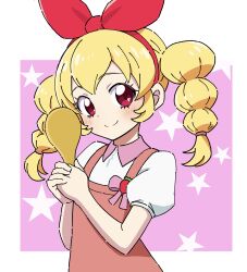 Rule 34 | 1girl, aikatsu!, aikatsu! (series), apron, blonde hair, bow, closed mouth, collared shirt, food, fruit, hair bow, hairband, highres, holding, holding spoon, hoshimiya ichigo, kousuke0912, long hair, looking at viewer, pink apron, pink bow, puffy short sleeves, puffy sleeves, red bow, red eyes, red hairband, shirt, short sleeves, smile, solo, spoon, star (symbol), strawberry, twintails, upper body, white shirt, wooden spoon