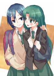 Rule 34 | 2girls, bag, blazer, blue eyes, blue hair, commentary request, contemporary, eye contact, green eyes, green hair, hair ornament, hairclip, hand on another&#039;s shoulder, jacket, long hair, looking at another, multiple girls, necktie, open mouth, ponekusan, school bag, school uniform, short hair, siblings, simple background, sisters, skirt, smile, sweatdrop, taishou yakyuu musume, tsukubae shizuka, tsukubae tomoe, white background