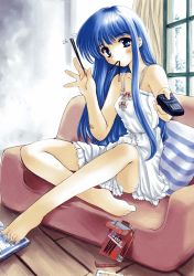 Rule 34 | 1girl, bandaid, barefoot, blue eyes, blue hair, blush, bow, controller, curtains, dress, eating, highres, long hair, makita yoshiharu, matching hair/eyes, mouth hold, pocky, remote control, scan, solo, sundress, window